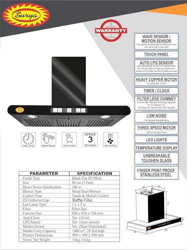 Image of Surya Auto clean Kitchen Chimney (Model FCB90) Black with features Wave Sensor, Touch Control