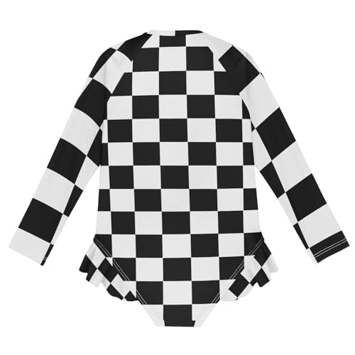 Girls One Piece Swimsuits Long Sleeve Swimsuit Zipper Bathing Suits Black White Checkered Chess Buffalo Plaid2