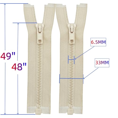 Image of MebuZip 2PCS #5 48 Inch Separating Jacket Zippers Resin Zipper Molded Plastic Zippers Bulk for Sewing Coat Jackets Clothes (Beige)