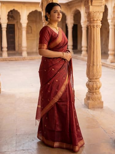 Image of AKHILAM Women's Pure Soft Spun Cotton Lichi Silk Saree For Women With Attach Unstitch Blouse Piece