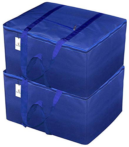 Image of Kuber Industries Small Size Lightweight Foldable Rexine Jumbo Underbed Storage Bag with Zipper and Handle (Royal Blue)-Pack of 2