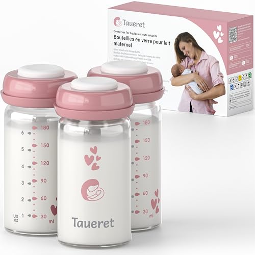 Taueret - Botellas de leche materna de vidrio borosilicato de 180 ml - Conservación de leche materna en el congelador - Tarro reutilizable para bebé con tapa de silicona