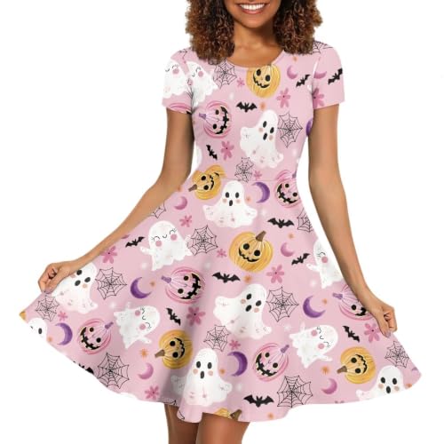 Image of POLERO Women Puffy Swing Elegant Party Midi Dresses Short Sleeve Round Neck A-Line Dress
