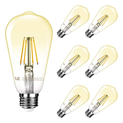 LE ST64 E26 Vintage Edison LED Bulbs, Dimmable, 4W 350 lm, 40W Incandescent Equivalent, Wide Beam Angle, Pack of 6