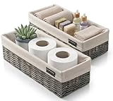 Brookstone Over the Toilet Tank Wicker Storage Basket, Bathroom and Closet Organizers and Storage Bins with Fabric Liner, Grey, 2 Pack Set