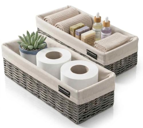 Brookstone Wicker Storage Basket Two Pack Set, Bathroom and Closet Organizers and Storage Bins with Fabric Liner, Grey