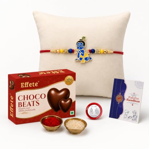 Image of Oblivion Designer Kids Bal Gopal Ji Rakhi for Brother with Choco Beats Chocolate 32gm, Pooja Coin, Roli Chawal & Card | Rakhi with Chocolate Combo for Raksha Bandhan