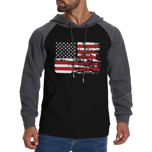 Men's Hoodies American Flag Print Sweatshirt Waffle Raglan Split Color Graphic Casual Drawstring Pullover