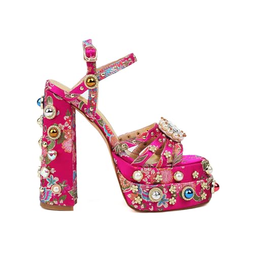 Image of Feinlina Rhinestone Platform Chunky Heels for Women Open Toe Ankle Strap Dress Pumps with Gems Green Pink Floral Print Embroidery Wedding Party Sandals