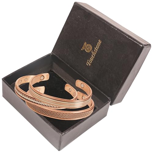 Image of Touchstone copper bracelets | gift for men women |adjustable 100% pure solid real magnetic jewelry | handmade bracelet set combo | rope braided tibetan bangles.