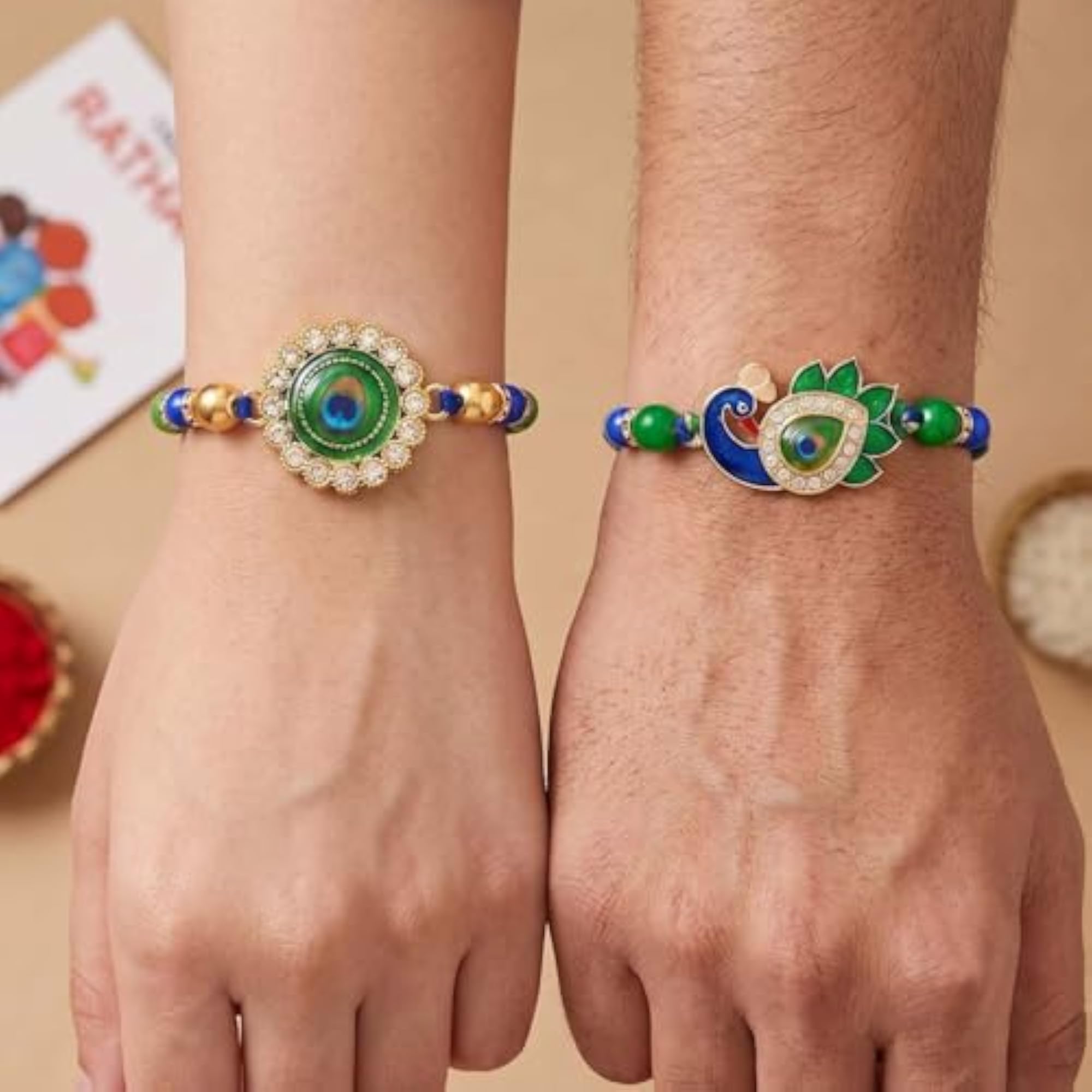 Set of 2 Peacock Designer Rakhis with Gift Magnet