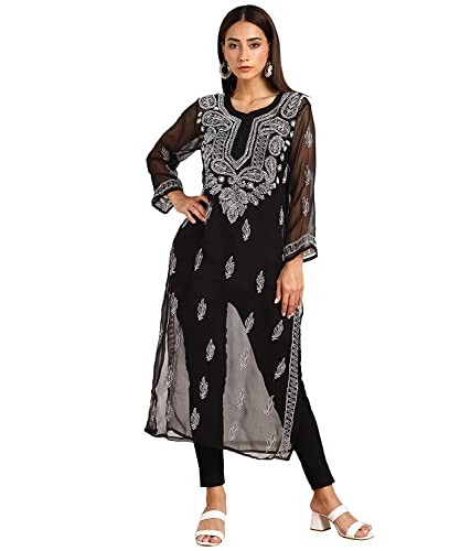 Vahson Women's Lucknow Chikankari Hand Embroidered Georgette Kurta/Kurti (Inner Not Included)