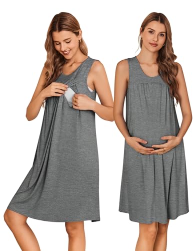Image of Ekouaer Nursing Nightgown Pleated Hospital Gowns for Women Sleeveless Tank Labor Delivery Breastfeeding Dresses Grey Large