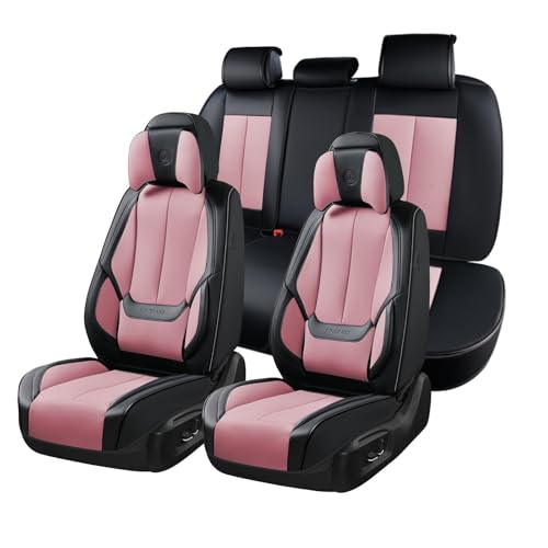 Image of Coverado Universal Seat Covers Full Set, 5 Seats Universal Seat Covers for Cars, Waterproof Nappa Leather Car Seat Covers with Head Pillow, Auto Protectors Fit for Most Pick-up Truck, Black&Pink