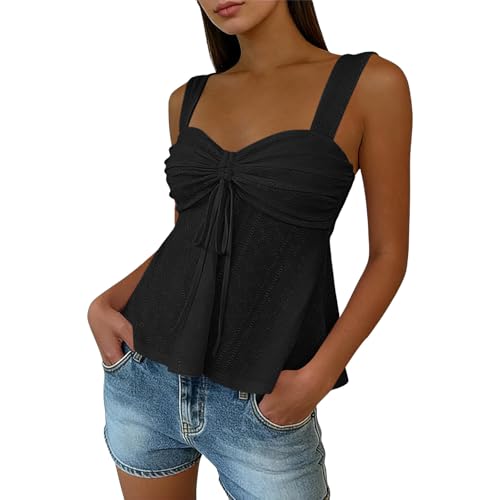 Image of Going Out Tops for Women UK - Babydoll Top Y2K Peplum Crop Tops Sleeveless Summer Vests Sweatheart Neckline Tie Front Ruched Floaty Sexy Cute Cami Vest Eyelet Tank Top, Loose Fitting Vest A Black