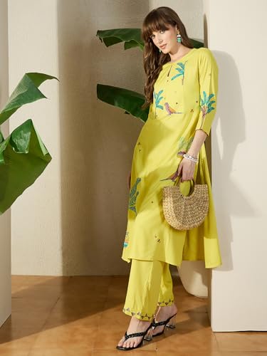 Image of INDO ERA Women's Viscose Rayon Animal Embroidered A-Line Calf Length Kurta & Palazzo Set (IESTR12072)
