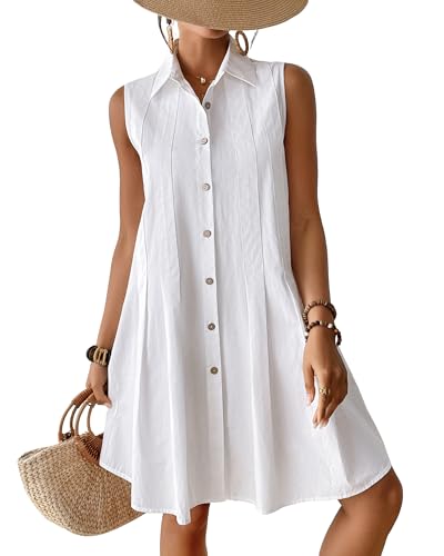Bsubseach Women Cotton Beach Cover Up Button Down Sleeveless Shirt Dress