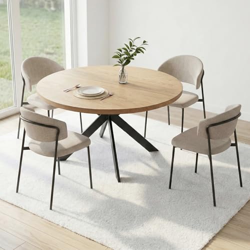JIEXI Juego de mesa de comedor redonda y silla (4 sillas), mesa de madera de roble MDF con patas de metal, diámetro 115 cm, altura 75 cm, sillas tapizadas en lino, con patas de mesa ajustables [beige]
