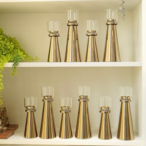 Image of Behoma Handcrafted Gold Tea Light Candle Holders Pack of 5 Sets | Premium Metal & Glass Candle Stand Set | Decorative Table Centerpiece for Home Decor, Diwali, Wedding & Housewarming