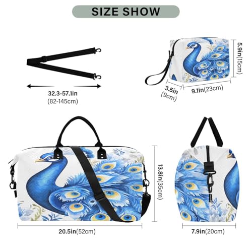 Blue Peacock Feather Flower Travel Duffle Bag Gym Bag Weekender Bags with Toiletry Bag Travel Trip Tote Bag3