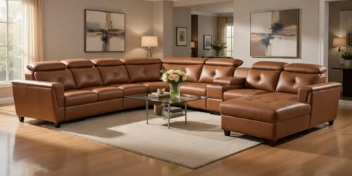 Image of Mishel 12 Seater Sofa Set for Living Room | Sectional U Shaped 12 Seater Sofa with Storage & Cupholder (Tan Leatherette, RHS)