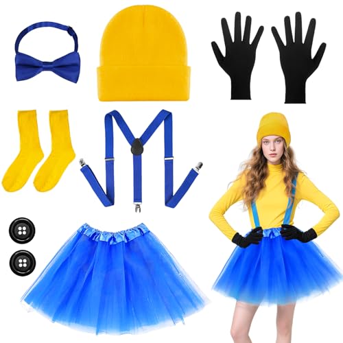 9 Pièces Jaune Deguisement pour Adultes, Jaunes Cosplay Costume Accessoires Kit avec Lunettes...