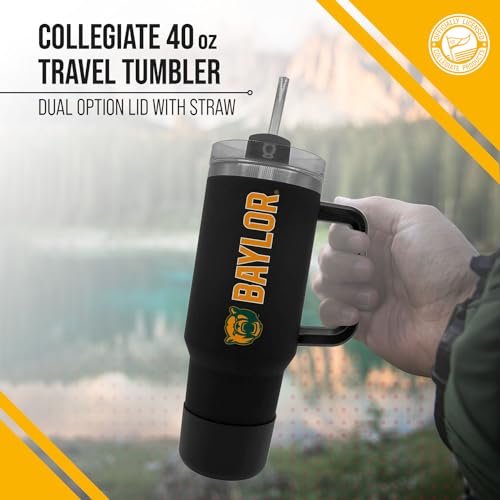 Image of Campus Colors College & University 40 oz Travel Tumbler With Handle - Dual Option Lid With Straw - Vacuum Insulated Stainless Steel (Baylor Bears - Black)