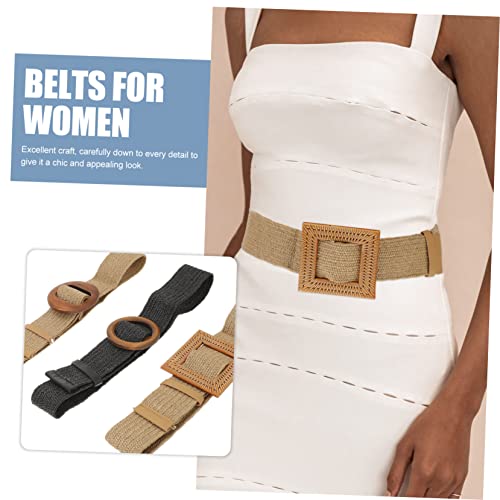FRCOLOR 3Pcs Wide Braided Elastic Waist Belts for Women Imitation Straw Woven Dress Belts Buckles Stylish Accessory for Bohemian Outfits3