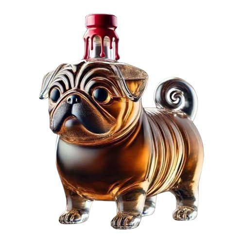 Whiskey Glass Bottle - Pug Shaped Animal Decanter | Hand-Blown Borosilicate Vessel with Airtight Stopper, Decorative Spirit Dispenser for Cognac, Bourbon, and Rum