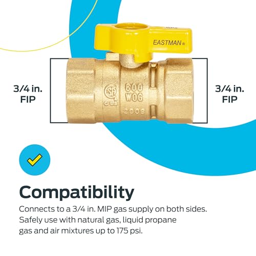 Eastman Straight Gas Brass Ball Valve, 3/4 in FIP x 3/4 in FIP, 1/4-Turn Handle, 60011