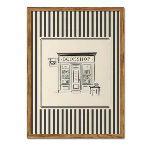Vintage Striped Bookshop Wall Art, Retro Black and White Pictures Wall Decor College Minimalist Canvas Prints Paintings for Bathroom Bedroom Living Room 12x16 inch Framed