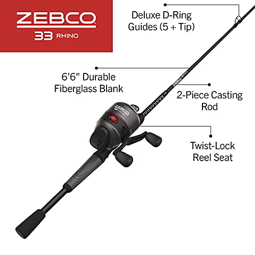 Zebco 33 Rhino Max Spincast Reel And Fishing Rod Combo, 6-Foot 6-Inch 2-Piece Durable Fiberglass Rod With Comfortgrip Handle, Quickset Anti-Reverse Fishing Reel With Bite Alert, Gray/Black #TOP1