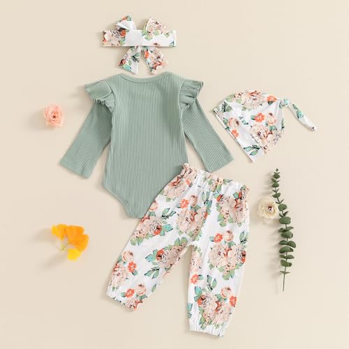 Baby Girl Fall Clothes Newborn Ribbed Romper Floral Print Pants Set Cute Fall Winter Coming Home Outfits3