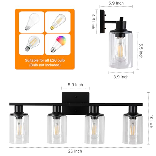 Image of Matte Black Bathroom Light Fixtures Over Mirror,4-Light Bathroom Vanity Light with Clear Glass Shade,Modern Farmhouse Wall Sconces Lighting for Mirror Kitchen Living Room Cabinet