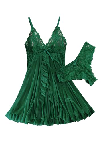 Image of Foxiny Sexy Ruffle Sheer Mesh Lace Wireless Babydoll Lingerie Dress with Thong 2 Piece