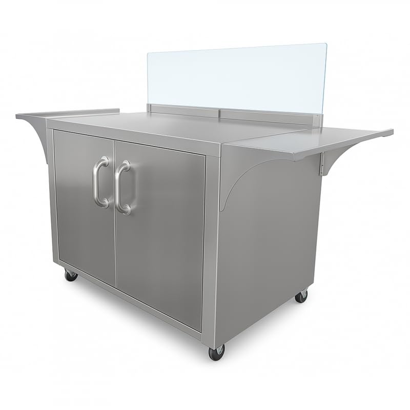Générique Chariot à Crêpes Ambulant INOX - Multi-Usage - Vitrine Verre - Rangement - 4 Roues - Professionnel