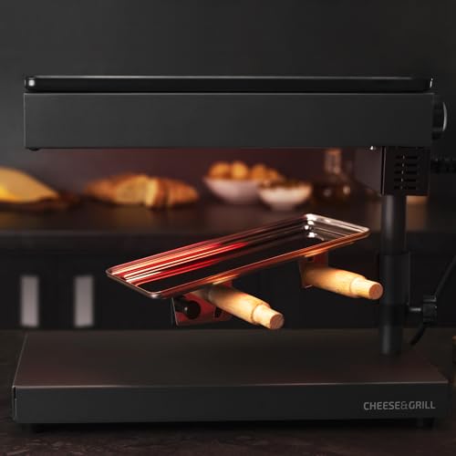 Cecotec Raclette Cheese&Grill 6000 Schwarz. Leistung 600W, Grillfunktion, Edelstahl-Finish, verstellbares Thermostat, 2 Holzspatel, antihaftbeschichteter oberer Grillrost