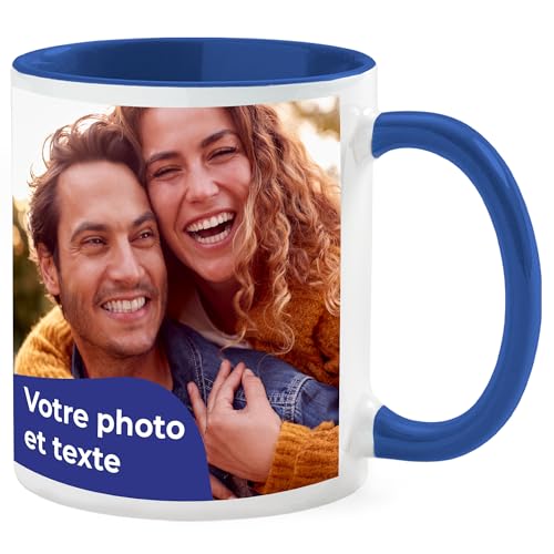 Cimpress Mug Photo Personnalisé avec Texte, Tasse en Céramique 325 ml avec Anse Bleue, Cadeau Personnalisé pour Entreprise, Maison ou Événement, Idée Originale pour Anniversaire ou Fête