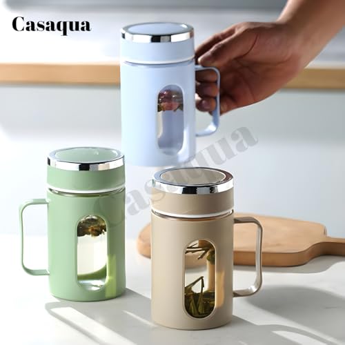 Image of Glass Tea Mug with Handle - 500ml, Set of 1, Portable Loose Leaf Tea Brewer Cup with Leakproof Lid, Heat Resistant Glass Tumbler for Hot & Cold Beverages, Office, Home (Multicolor)