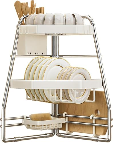 Glaucus 水切りラック 上水切りラック キッチン 食器乾燥 水切り シンク上 収納 ラック 台所 水切りかご 大容量 省スペース 滑り止め 三角 シンク上ステンレス 洗い物 食器置き 2段式 3人家族 ディッシュラック まな板立て 組み立て簡単 (メ