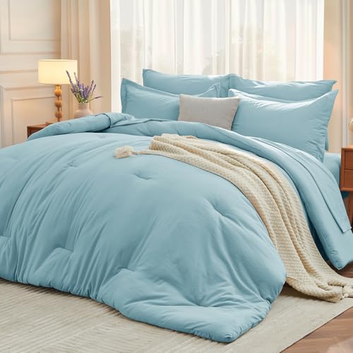 MUXHOMO 7 Pieces California King Comforter Set, Soft Bed in a Bag Cal King Size, All Season Bedding Set with Comforter, Flat Sheet, Fitted Sheet, Pillowcases & Shams, Lake Blue