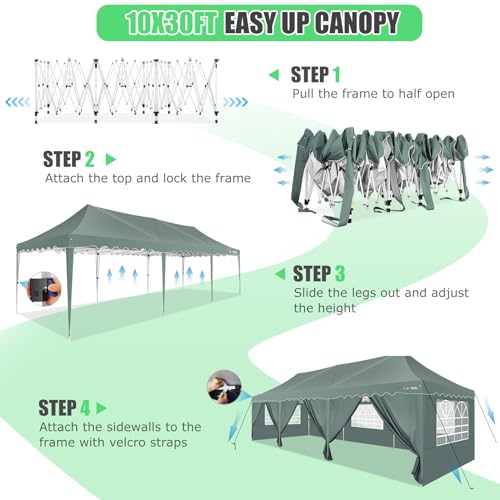 Image of HOTEEL 10x30 Canopy Tent Pop Up Canopy with 8 Sidewalls Party Tent Outdoor Canopy UPF 50+ Windproof Waterproof Wedding Party Tents for Parties Canopy Gazebo with Roller Bag & 4 Weights,Grey