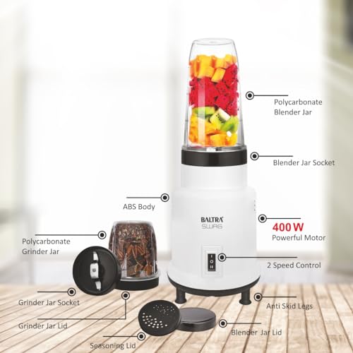 Image of Baltra Swag Nutri 2 Jar Mixer Grinder for Smoothies, Chutney & Shakes, Long Lasting Shock Proof Abs Body, Powerful 400 Watt Heavy Duty Motor Bullet Mixer Grinder Juicer Mixi - 2 Year Warranty