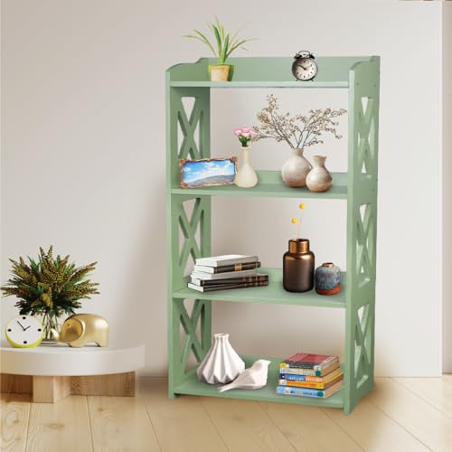Image of Green Bookcase by Natural Wood, 4 Tier Bookshelf, Small Book Shelves Freestanding Display Storage Shelves. Open Bookshelf for Bedroom, Living Room and Office (Green, 4 Tier)