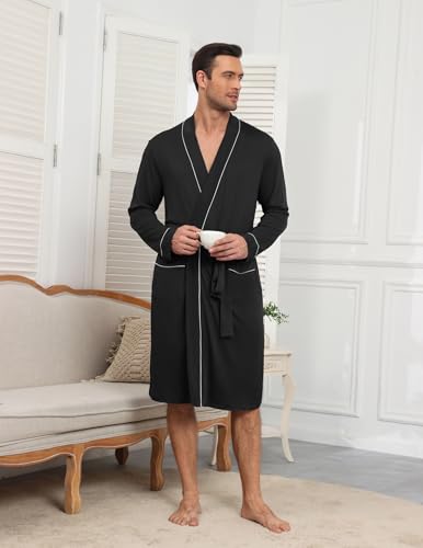 Ekouaer Mens Robes Lightweight Knit Bathrobe Long Sleeve Kimono Robe V Neck Spa Knee Length Sleepwear with Pockets S-XXL3