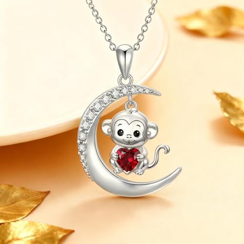 Image of PROESS Animal Birthstone Necklace 925 Sterling Silver Otter /Axolotl /Hippo /Elephant /Dachshund /Monkey /Red Panda Pendant Necklace Animal Birthstone Jewelry Gifts for Women
