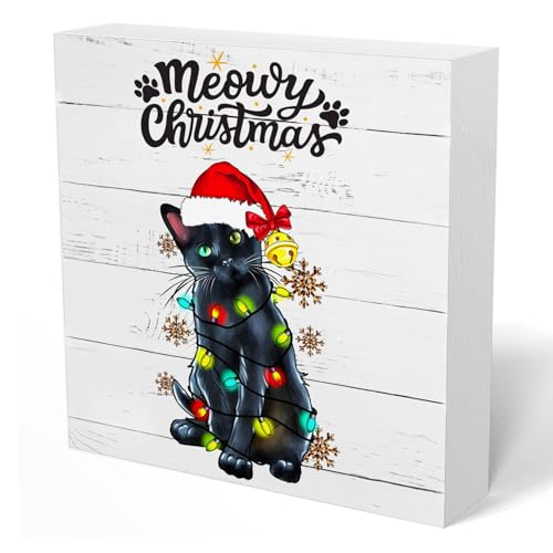 UNCDLV Christmas Black Cat Wooden Box Sign, Cute Christmas Decor Gifts for Cats Lover, Wood Signs for Home Office Desk Shelf Table Decor, 5x5 Inch