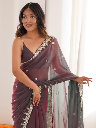 Image of AKHILAM Women's Shimmer Chiffon Sequence Embroidery Saree With Unstitched Blouse Piece(AARYAN21601 KR Parent)