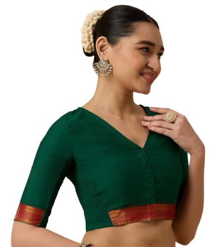 Image of Studio Shringaar Women's Handloom Cotton Stretchable (Smocked) Saree Blouse with Temple Zari Border