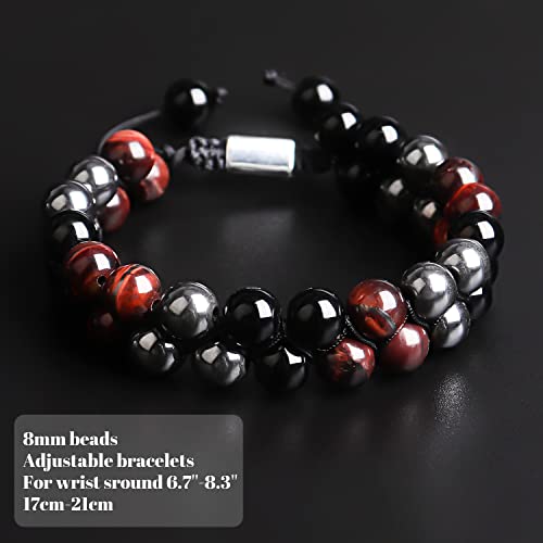 Triple Protection Bracelet For Men Women, Tigers Eye Bracelet With Black Obsidian Beads, Hematite Bracelet For Women, Natural Healing Bracelet Gift Bring You Luck Prosperity Health Happiness, Red #TOP3